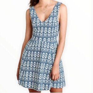 NWT Anthropologie Maeve Green/Blue Motif Print Cutout Skater Fit and Flare Dress